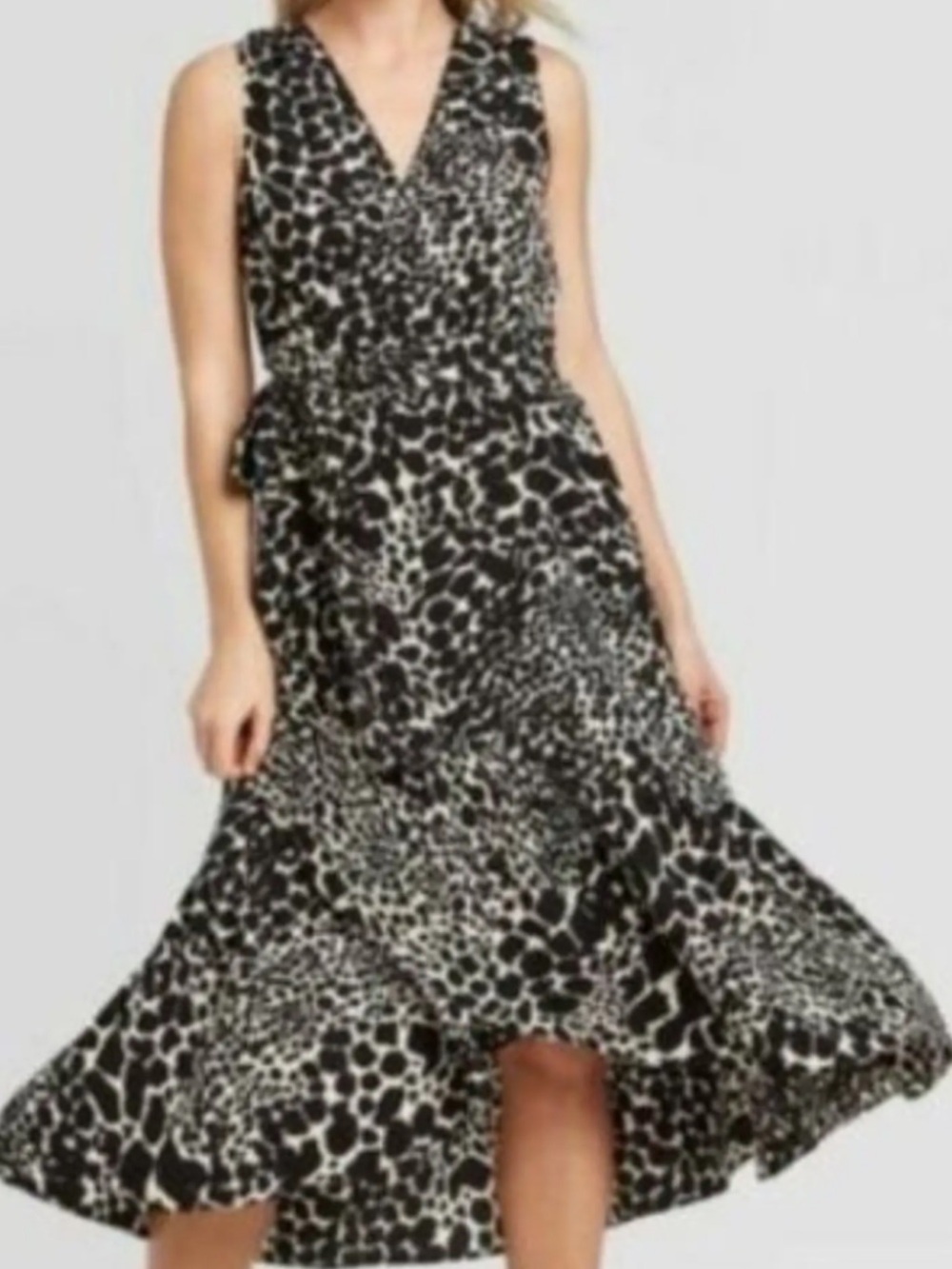 Who What Wear Black and White Animal-Print V-Neck Midi Dress